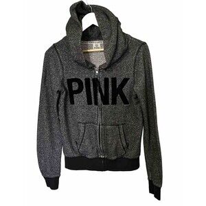 Pink By Victoria Secret Hoodie Women's M Gray Button Sleeves PINK LOVE Full Zip